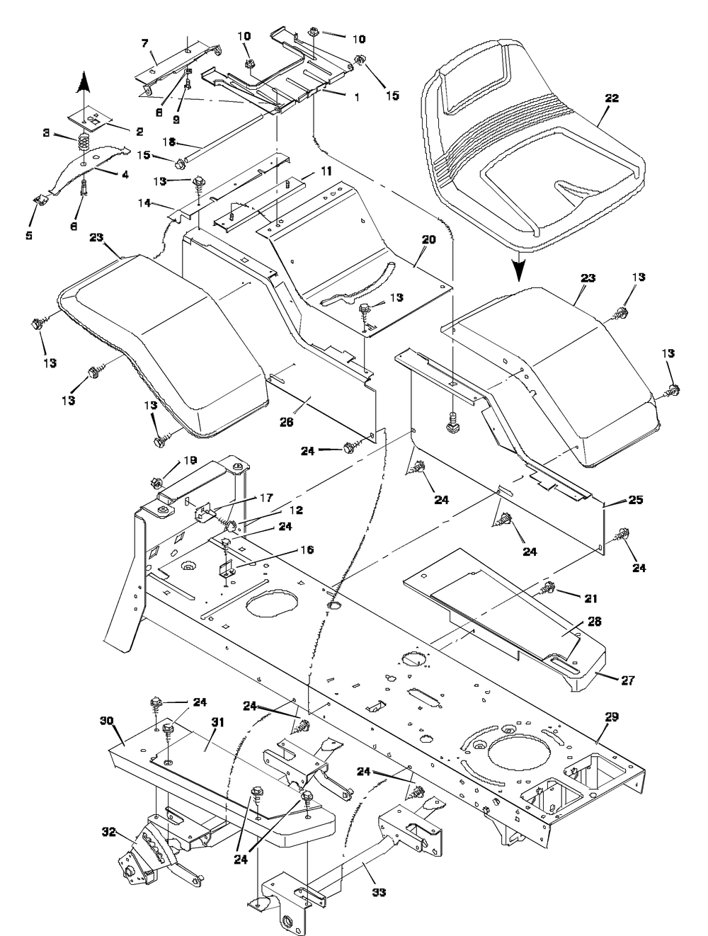 Body Chassis Diagram and Parts List for 46379A 1997 Briggs and Stratton Lawn Tractor